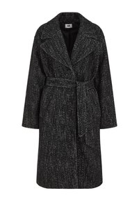 Plašč iz volnene mešanice v črno-beli heringbone vzorcu, z pasom, izrezanim ovratnikom in velikimi sprednjimi gumbi.