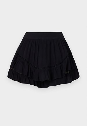 Black, layered ruffled skirt with an elastic waistband and fine lace trim, made of lightweight fabric, featuring a flared silhouette.