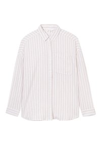 Camicia a maniche lunghe a righe rosa chiaro realizzata in tessuto morbido, con chiusura a bottoni, colletto e taschino singolo sul lato sinistro del petto.