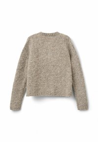 Beige strikket sweater med lange ærmer, rund hals og en tekstureret overflade. Designet er boxy med en cropped længde.