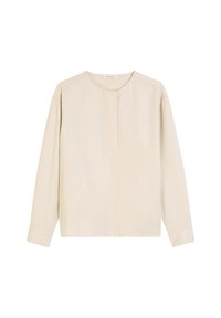 Beige Langarmhemd aus glattem Stoff, mit rundem Ausschnitt, subtilem, vorn abgestepptem Schlitz und geradem Saum.