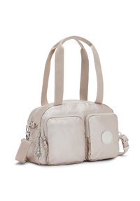 Beige nylon håndtaske med to sikrede frontlommer, rund form, to håndtag øverst og aftagelig skulderrem. Udstyret med sølvhardware.