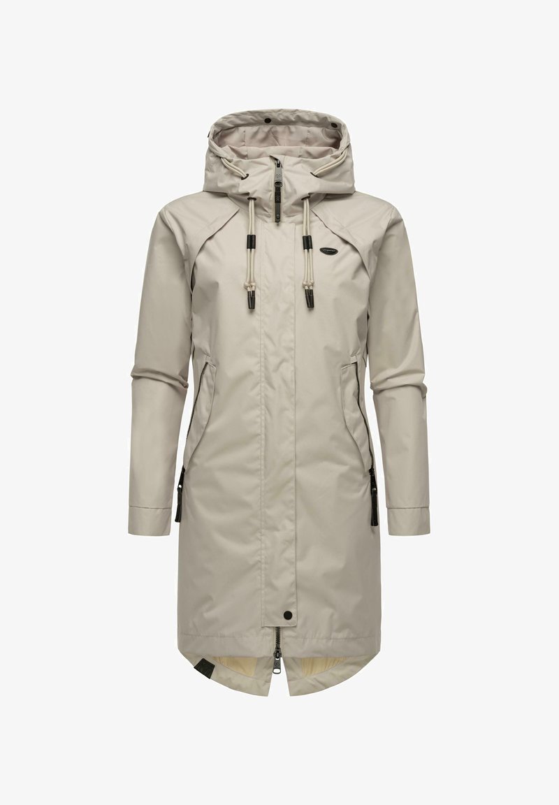 Long beige waterproof coat with a hood, adjustable drawstrings, side pockets, and a zip closure. Features a sleek, minimalistic design.