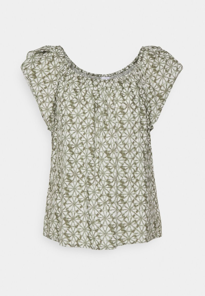 Blouse à manches courtes avec un motif floral géométrique vert et blanc et un col froncé.