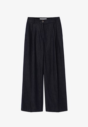 Laiade säärega tumedad teksapüksid ees nööpide ja luku kinnitusega, vööaasad ning küljetaskud.