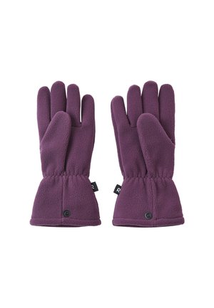 Fleece-Handschuhe in Dunkellila mit einem Gummizug am Handgelenk, ausgestattet mit einem Knopfdetail und kleinen Markenetiketten an den Bündchen.