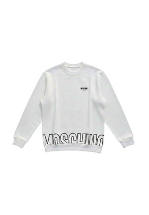 White long-sleeve sweatshirt with "MOSCHINO" in large black letters at the bottom and a small "MOSCHINO MILANO" logo on the chest.