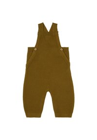 Strikkede olivengrønne overalls med justerbare stropper, to forlommer, træknapper og struktureret stof. Ingen lukninger ved anklerne.