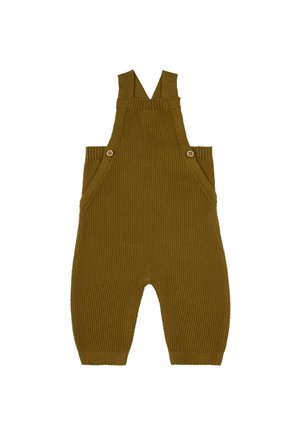 Gestreifte olivgrüne Latzhose mit verstellbaren Trägern, zwei vorderen Taschen, Holzknöpfen und strukturiertem Stoff. Keine Verschlüsse an den Knöcheln.