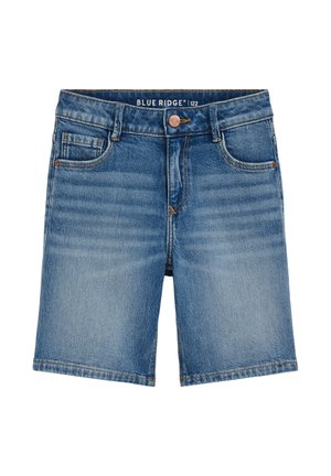 Mėlyni vidutinio ilgio džinsiniai šortai su priekinėmis ir monetų kišenėmis, diržo kilpomis, sagos užsegimu ir išblukusio audinio detalėmis.