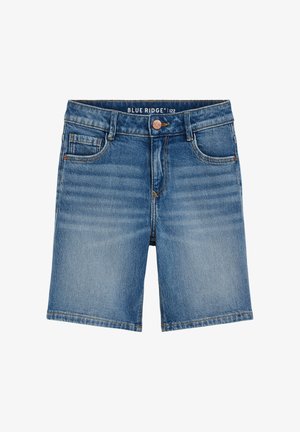 Blauwe denim shorts van middellange lengte met voorzakken en muntzakje, riemlussen, knoopsluiting en een vervaagde wassing.