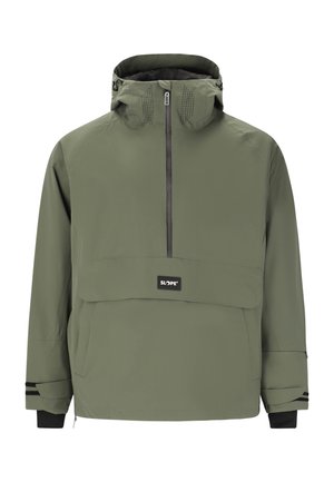 Groene nylon pullover jack met een voorzak, ritssluiting, verstelbare capuchon en zwarte accentdetails op de mouwen en zoom.