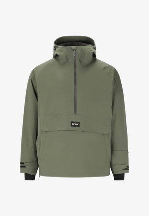 Grøn nylon pulloverjakke med en frontlomme, lynlåslukning, justerbar hætte og sorte detaljer på manchetter og søm.