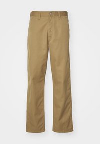 Khaki chinos featuring a straight-leg design, button closure, wide waistband, and smooth texture. Classic color with minimal detailing.