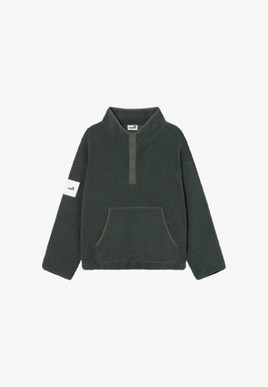 Polarowy pulower w ciemnozielonym kolorze z kołnierzykiem, 4 zatrzaskami, kieszenią z przodu oraz metką marki na lewym rękawie. Miękka tekstura, luźny krój.