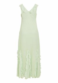 Robe longue sleeveless vert clair avec col en V, col à volants et détails de volants verticaux près de l'ourlet.
