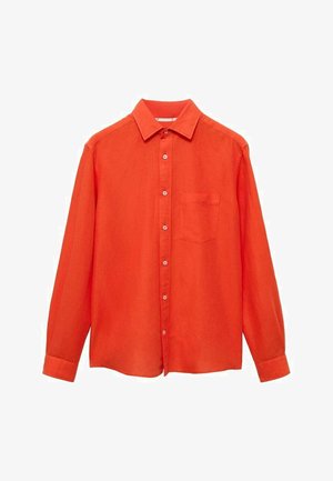 Rotes Leinen-Hemd mit langen Ärmeln, Button-Down-Kragen, einer Brusttasche und einem lässigen Schnitt. Besitzt eine glatte Textur und eine einfache Knopfverschluss.