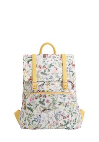Floral-patterned backpack with a white base, yellow straps and accents, zippered front pocket, and a top handle for carrying.