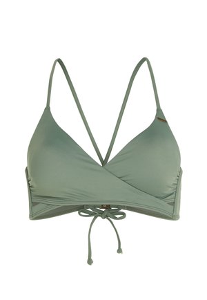 Green bikini top with a triangular shape, made from smooth material, featuring adjustable straps and a tie closure at the bottom.