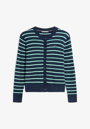 Cárdigan azul marino con textura acanalada, con rayas horizontales en verde menta y seis botones en la parte delantera. Diseño de cuello redondo.