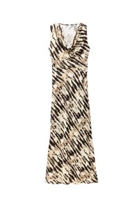 Maxi-jurk van lichtgewicht stof met een couv-necklijn en een bruin, crème en tan tie-dye patroon, met een getailleerde taille en een vloeiende rok.