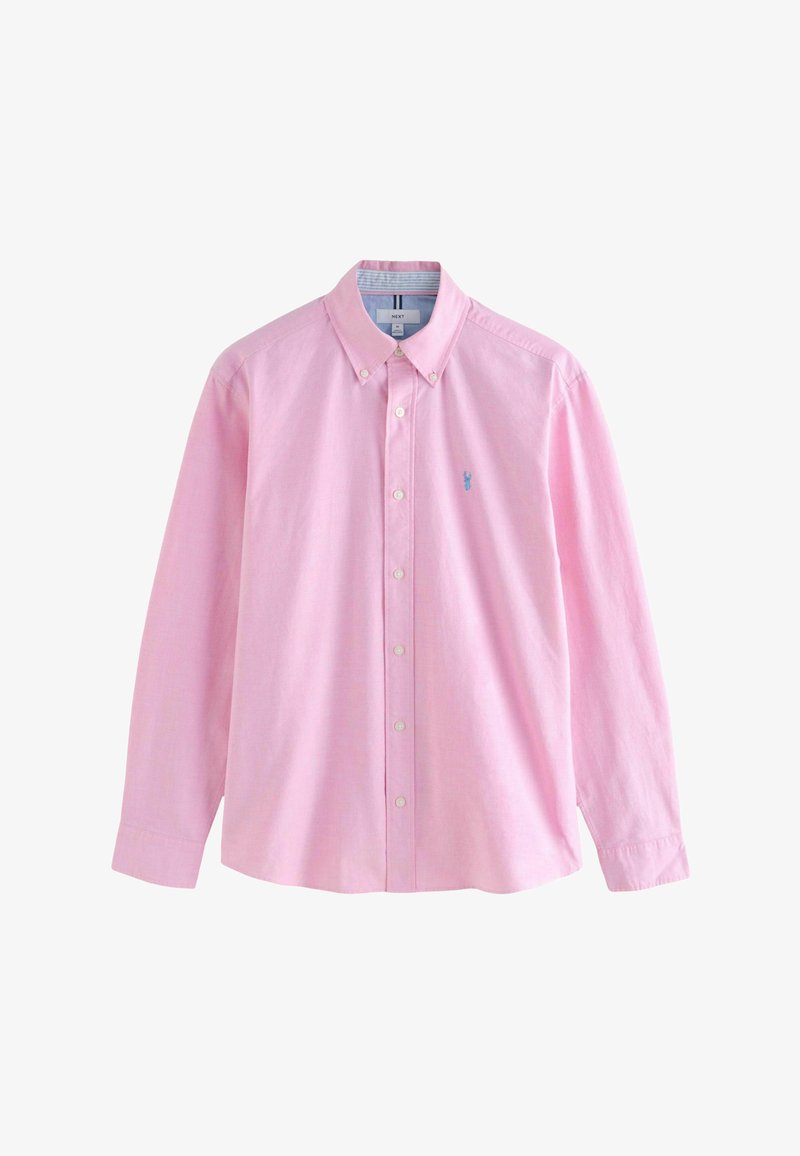 Light pink button-up shirt with a collar, long sleeves, and a small blue emblem on the chest. Made of smooth, lightweight fabric.