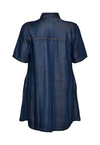 Σκούρο μπλε denim φόρεμα με κοντά μανίκια, γιακά, ραφή στο πίσω μέρος και ίσια, ελαφρώς φαρδιά σιλουέτα.