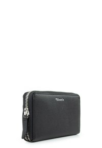 Black leather wallet with a textured finish, silver zipper detail, and a logo on the front. Rectangular shape with a slim profile.