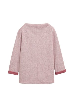 Katoenen blend langarmshirt in lichtroze met een gestructureerd streeppatroon. Heeft een bootnek en opgerolde manchetten in een donkere tint.