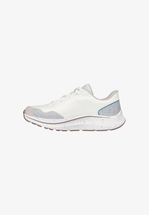 Running shoe with a white mesh upper, light blue accents, and a speckled white midsole. Features a rounded toe and padded collar.