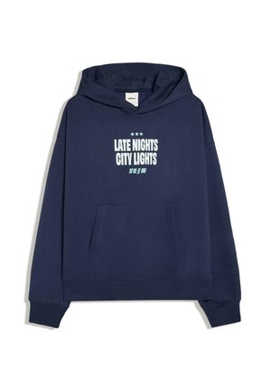 Navy blue hoodie with front pocket and white text reading "LATE NIGHTS CITY LIGHTS SF 92 // 001" under three stars on chest.