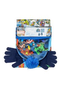 Das Marvel-Themenhandschuhset enthält zwei marineblaue Handschuhe und eine blaue Mütze mit einem großen blauen Pom-Pom, die bunte Grafiken von Comicfiguren zeigt.