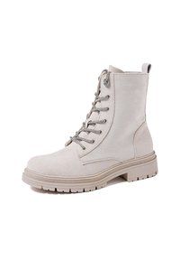 Stivaletti alla caviglia beige con lacci, realizzati in suede testurizzato, punta rotonda e suola in gomma resistente. Presentano lacci grigi e un'etichetta per il tiro sul retro.