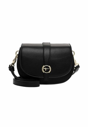 Black leather crossbody bag with a flap closure, gold-tone hardware, adjustable strap, and a circular accent in the center.