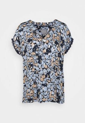 Blomsteret kortærmet top i marineblå med lyseblå og gyldne blomster. V-hals design med blonderkant ved ærmerne. Letvægts, struktureret stof.
