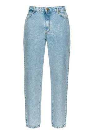 Jeans in denim azzurro chiaro con vita alta, design a gamba dritta e scoloritura visibile. Presentano un bottone metallico e il tradizionale stile a cinque tasche.