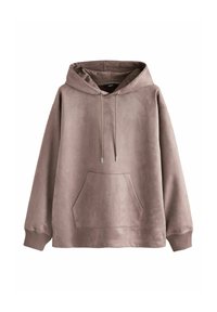 Polarowy kaptur w stonowanym mauve, z kapturem z troczkami, kieszenią kangurką i ściągaczami przy rękawach dla komfortowego dopasowania. Miękka tekstura, luźny krój.