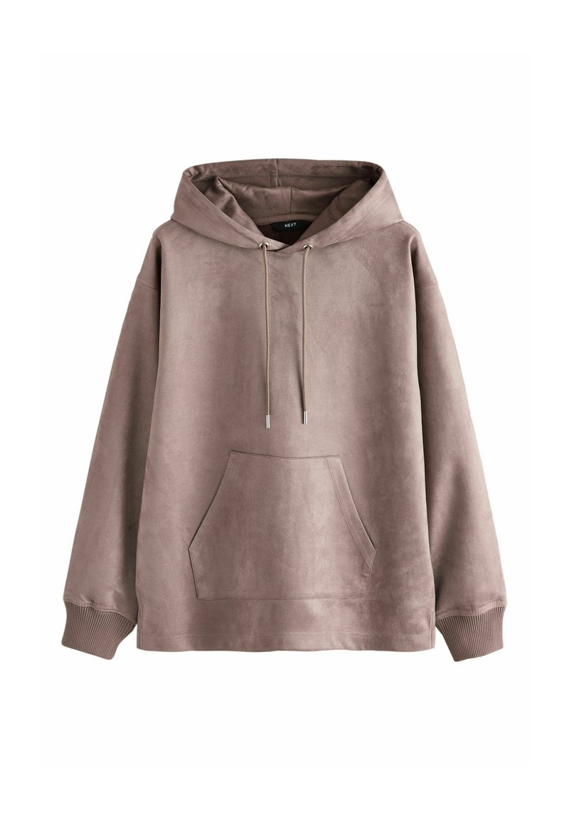 Polarowy kaptur w stonowanym mauve, z kapturem z troczkami, kieszenią kangurką i ściągaczami przy rękawach dla komfortowego dopasowania. Miękka tekstura, luźny krój.