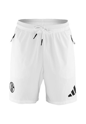 Weiße Sportshorts mit elastischem Bund, Kordelzug, Reißverschlusstaschen und schwarzen Logos am linken Bein und rechten Oberschenkel.