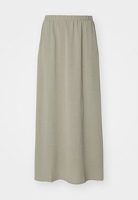 Falda midi color caqui hecha de tela ligera, con cintura elástica, forma fluida y textura suave sin estampados.