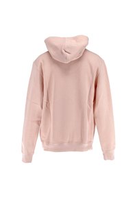 Sudadera de color rosa claro con un corte relajado, textura suave y un bolsillo tipo canguro. Cuenta con capucha ajustable y puños y dobladillo acanalados.