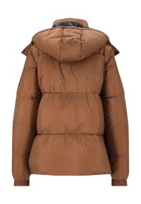 Brun polstret jakke med hætte, med en quiltet struktur, elastiske ærmer og en kort pasform. Bagsiden viser et glat stof med minimale detaljer.
