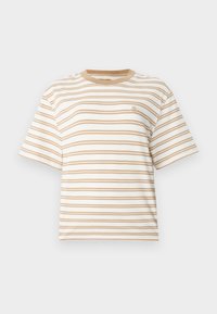 Short-sleeve, crew neck T-shirt in white with horizontal tan stripes. Features a small logo on the chest and a relaxed fit.
