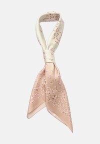 Silk tørklæde i pastelfarver som pink og creme, pyntet med små blomsterdesigns overalt. Firkantet design med glat struktur.