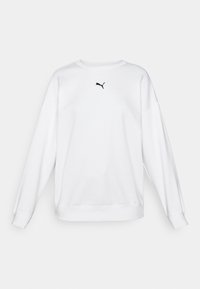 Hanorac alb dintr-un material moale, cu guler rotund, mâneci lungi și un mic logo negru Puma pe piept.