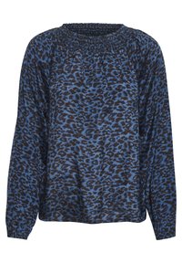 Blue and black leopard print long-sleeve blouse with smocked neckline and elasticated cuffs, featuring a loose fit and soft texture.