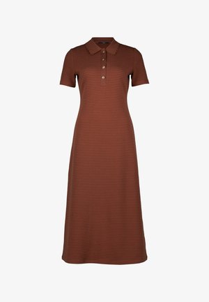 Hnědé polo šaty s krátkým rukávem, texturovaný materiál, knoflíková léga a vykrojený límec. A-liniový tvar, délka ke kolenům.