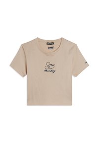 T-shirt en coton ribbé beige à manches courtes, col rond, avec un motif brodé de Mickey Mouse bleu marine sur le devant.