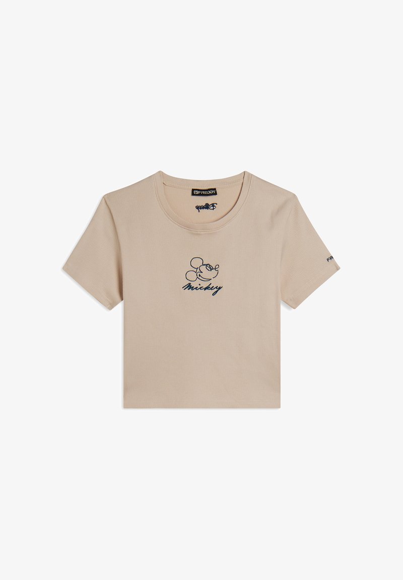 T-shirt en coton ribbé beige à manches courtes, col rond, avec un motif brodé de Mickey Mouse bleu marine sur le devant.
