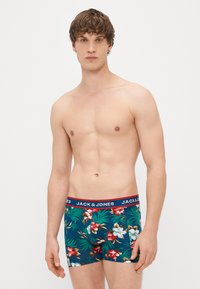 Vīriešu bokseršortiem ir tumši zilas krāsas pamatne ar spilgtu ziedu rakstu sarkanā un baltā krāsā. Elastīgā josta rotāta ar "JACK & JONES" logotipu.